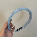 Elegante cerchietto largo in tweed azzurro con etichetta fatta a mano e trama tessuta - strisce blu