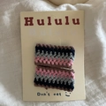 Pair of colorful crochet knit hair clips with retro stripes on a display card - Morandi Color Square (Style 2)