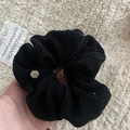 Detail of black cotton scrunchie with gold accent and 100% cotton handmade tag - 7# Black Scrunchie