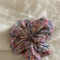 Pink tweed scrunchie with colorful weave and silver metal brand tag on white fabric - 3# White Pink Multicolor Scrunchie