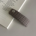 Vintage rechthoekige haarklem met pied-de-poule patroon en zilverkleurig metalen label - Geruite BB-clip / 7cm