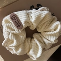 Chouchou rétro français en velours côtelé beige avec dentelle et étiquette en cuir - Blanc Crème à Rayures