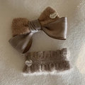 Set de barrettes à cheveux marron en velours côtelé et fleurs avec breloques en cœur - Ensemble Accessoires Cheveux Nœud Marron