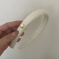Elegant beige vintage wool fabric headband with gold fashion buckle for high cranial top - White