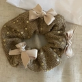 Brown tweed scrunchie with sparkling gold sequins and soft pink satin bows hair tie - Coffee Sequin Bow Style