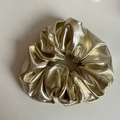 Metallic champagne gold scrunchie with pleated texture and shimmering fabric finish - Gold (No.4 Glossy PU Round Plate)