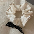 French vintage organza scrunchie with a black CHANGE ribbon bow on linen fabric - White Scrunchie Black Bow