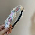 Cerchietto in denim vintage francese con dettagli di perle e scritte rosa dolci - 1# Fascia Intrecciata in Tessuto Blu Chiaro con Perle