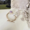 Elegant beige bow hair tie with purple heart pendant and large white pearl accent - Milky White Large Heart And Purple Small Heart Hair Tie