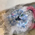 Blau gestreiftes Scrunchie mit Spitzenkante und bunten Knöpfen für das Haar - Knopf Dekoration Stil (20#) / Blau Kariert