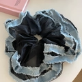 Blue denim and black organza scrunchie with frayed edges for stylish ponytails - Light Blue Denim Black Mesh (1#)