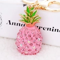 Pink rhinestone pineapple keychain with green enamel leaves and golden alloy hook - Pink Pineapple (CHY-2773/4742/4192)
