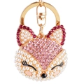 Portachiavi testa di volpe con perle bianche e strass rosa su base in metallo dorato - Rosa Rosso + Rosa Chiaro