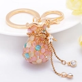 Lucky money bag keychain with cat eye stones and sparkling crystal tassels in gold - Rainbow