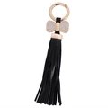 Llavero de lazo dorado con borlas de cuero negro y cristales blancos sobre fondo blanco - Longitud 18.5cm Colgante 4x2.5cm / Negro