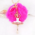 Portachiavi con pompon in ecopelliccia rosso rosa e ciondolo ballerina dorata con cristalli - Lunghezza Totale 15cm Ciondolo 11x8cm / Bianco con Palla di Pelo Rosa Rosso