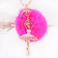 Portachiavi ballerina dorata con grande pompon di peluche rosa e cristalli lucidi - Lunghezza Totale 15cm Ciondolo 11x8cm / Rosa con Palla di Pelo Rosa Rosso