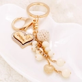 Fashion wooden heart keychain with acrylic beads and crochet ball in golden finish - White Rhinestone Heart Pendant (CHY-2904)