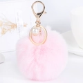 Light pink fluffy faux fur pompom keychain with gold ring and white pearl charm - 14cm 8x8cm / Pink