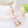 Pink ribbon carousel keychain with white pearls and gold metal lobster clasp - Blue