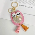 Pink leather owl keychain with crystal rhinestones and colorful leather tassels - Pink Series