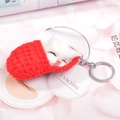 Sleeping white plush cat keychain in a red knitted sleeping bag with silver metal ring - Red