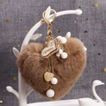 Brown fluffy heart plush keychain with golden 'I love you' tag and beads decoration - Brown