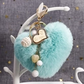Mint green fluffy heart keychain with wooden pendant and gold metal hardware - Green
