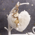 White plush heart keychain with gold I Love You charm and soft faux fur texture - White