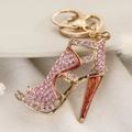 Pink rhinestone high heel shoe keychain with gold plating and red enamel accents - Pink Rhinestone Style (鞋3)