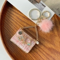 Rosa Tweed-Handtaschen-Schlüsselanhänger mit Pelzkugel und goldenen Blumen-Anhängern - Rosa