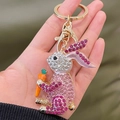 Creative cute cartoon bunny keychain with pink rhinestones and golden metal ring - Pink