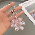 Pink crystal flower keychain with silver metallic ring and spring clasp for car keys - Pink
