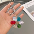 Colorful crystal five-petal flower keychain with silver metal ring for women handbags - Rainbow