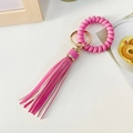 Llavero de cable rosa con borla de leopardo y anillo dorado para mujer - Rosa