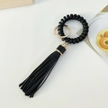 Black spiral telephone wire keychain with matching long leather tassel and gold ring - Black