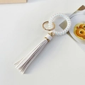 Iridescent white telephone wire keychain with white PU tassel and golden metal ring - White