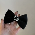 Elegante horquilla de terciopelo negro con perlas artesanales y decoraciones - Lazo (1#) / Negro