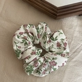 Vintage floral scrunchie with purple flowers on cream fabric for elegant low ponytail styles - White Scattered Floral