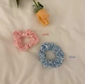 Floral plaid scrunchie hair tie set in pink and blue checkered fabric patterns - Pink Floral