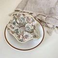 Floral print cotton scrunchie with red purple blue flowers and beige silk trim - Yellow Edged White Floral