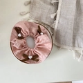 Pink satin scrunchie with brown bows and heart pearls on a white decorative plate - Pleated Bow Pearl Style / Pink