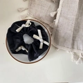 Elegant black floral hair scrunchie with white ribbon bows and heart pearl accents - Pleated Bow Pearl Style / Black