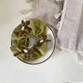 Green satin scrunchie with brown bows and pearl accents in a vintage french style - Pleated Bow Pearl Style / Green