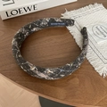 Padded grey tweed headband with golden metallic thread and handmade label on wood - Black Coffee Textured