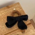 Knitted plush bow hair scrunchie with vintage black crochet and gold bead detail - Black