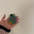 Handmade green knitted hair tie with colorful felt pom-poms for buns and ponytails - Green Colorful Beads