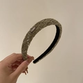 Detailed view of olive tweed braided headband with vintage metal tag and textured fabric - Green Plaid (3#) / Green and White Plaid