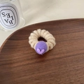 Handmade cream knit hair tie with purple wool ball and heart charm detail - White Hair Tie With Purple Heart