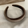 Detail of coffee brown velvet headband showing handmade label and premium texture - Khaki (3cm)